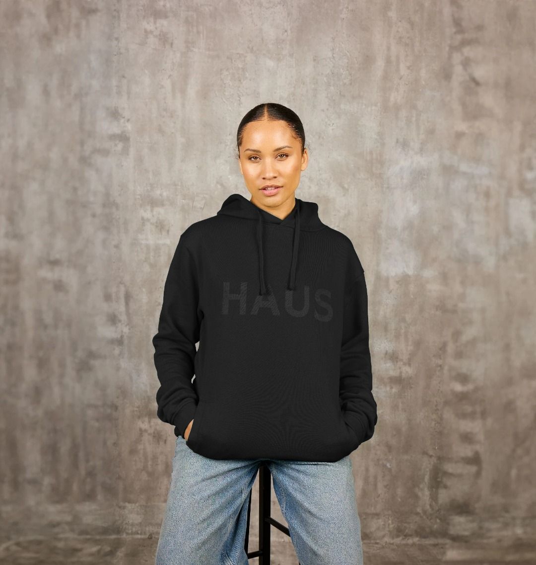Black Haus Collection Hoodie female model lifestyle studio shot