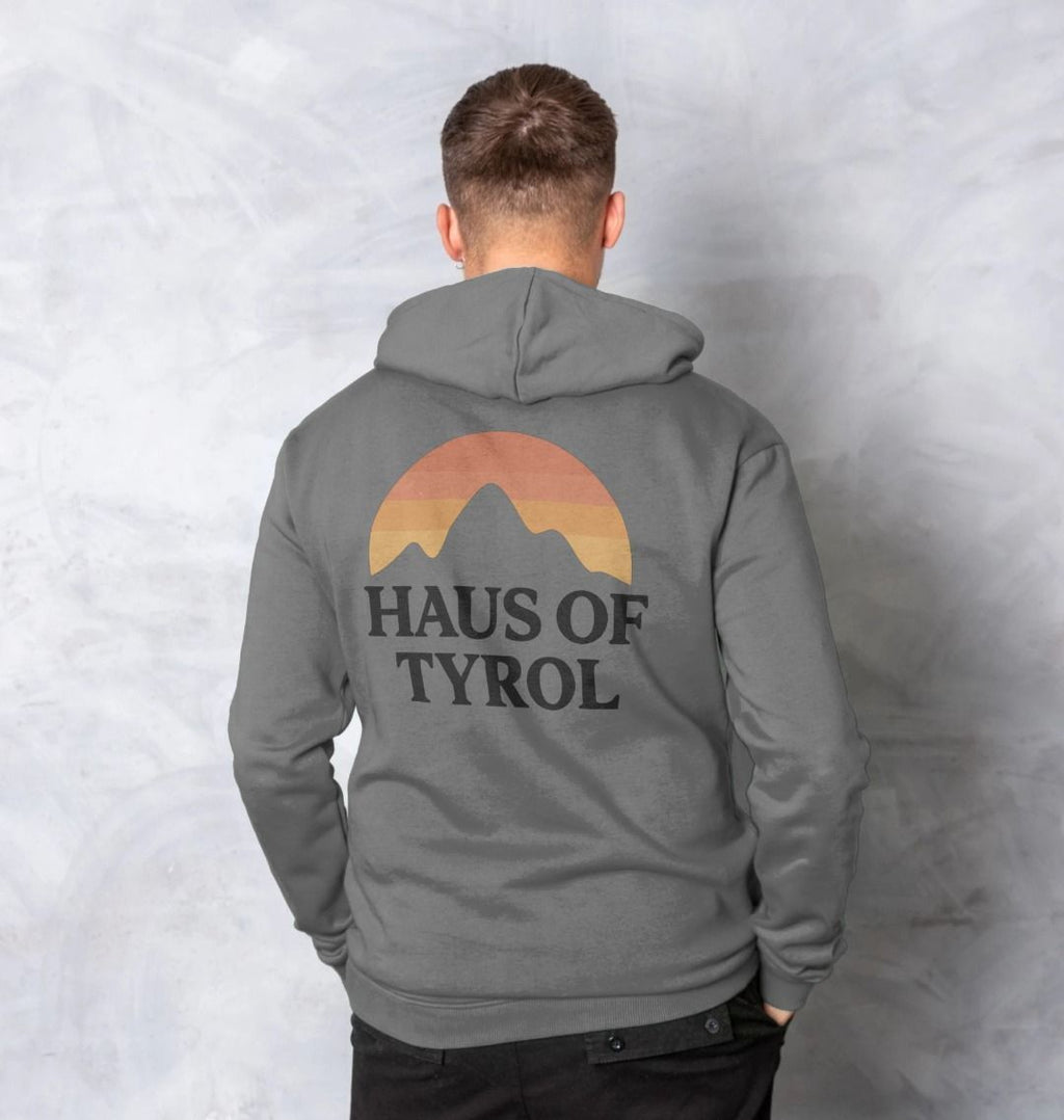 Slate Grey Sunset Hoodie model showing back sunset mountain graphic