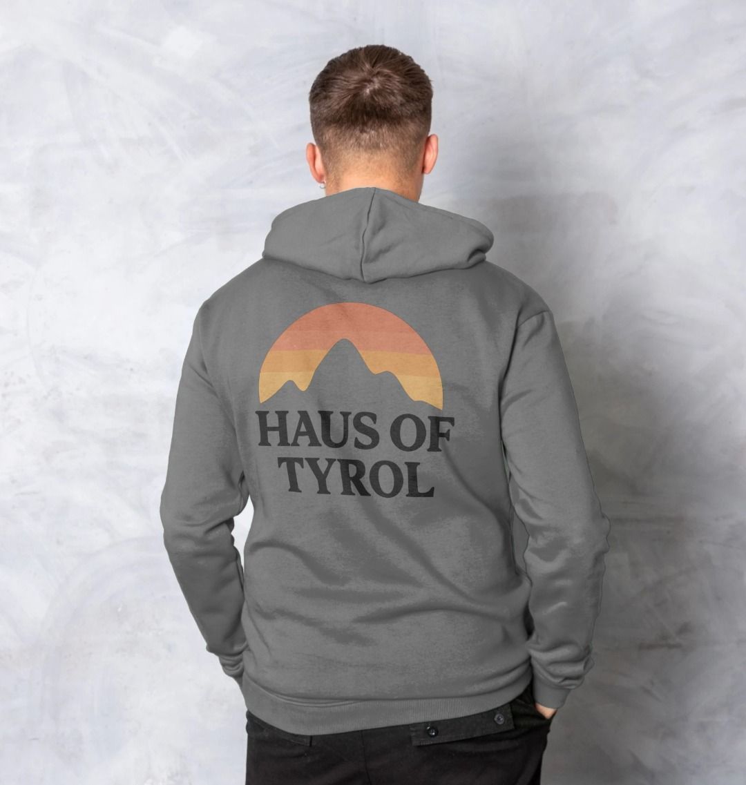 Slate Grey Sunset Hoodie model showing back sunset mountain graphic