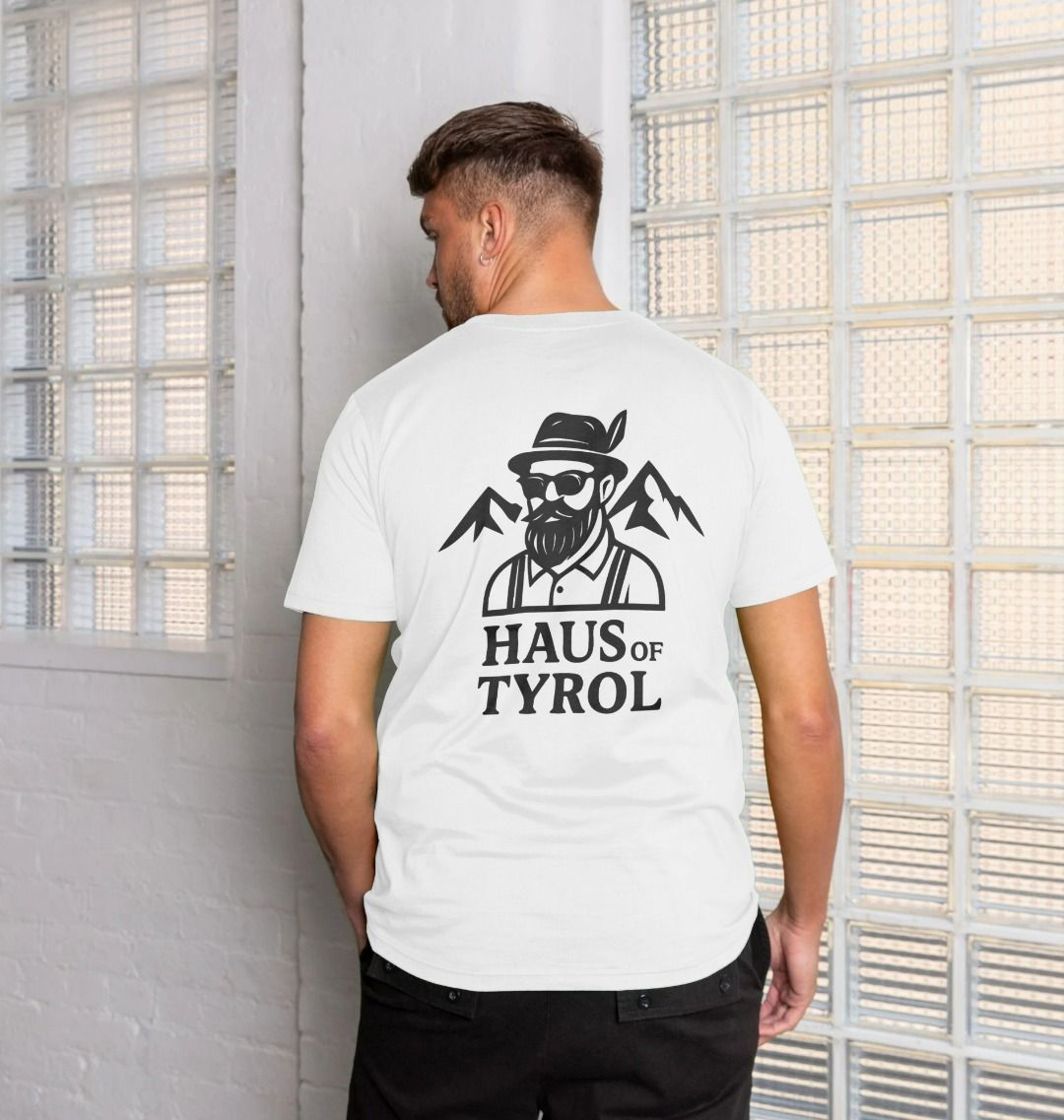White Tyrolean Man Light Tee model showing back Tyrolean graphic
